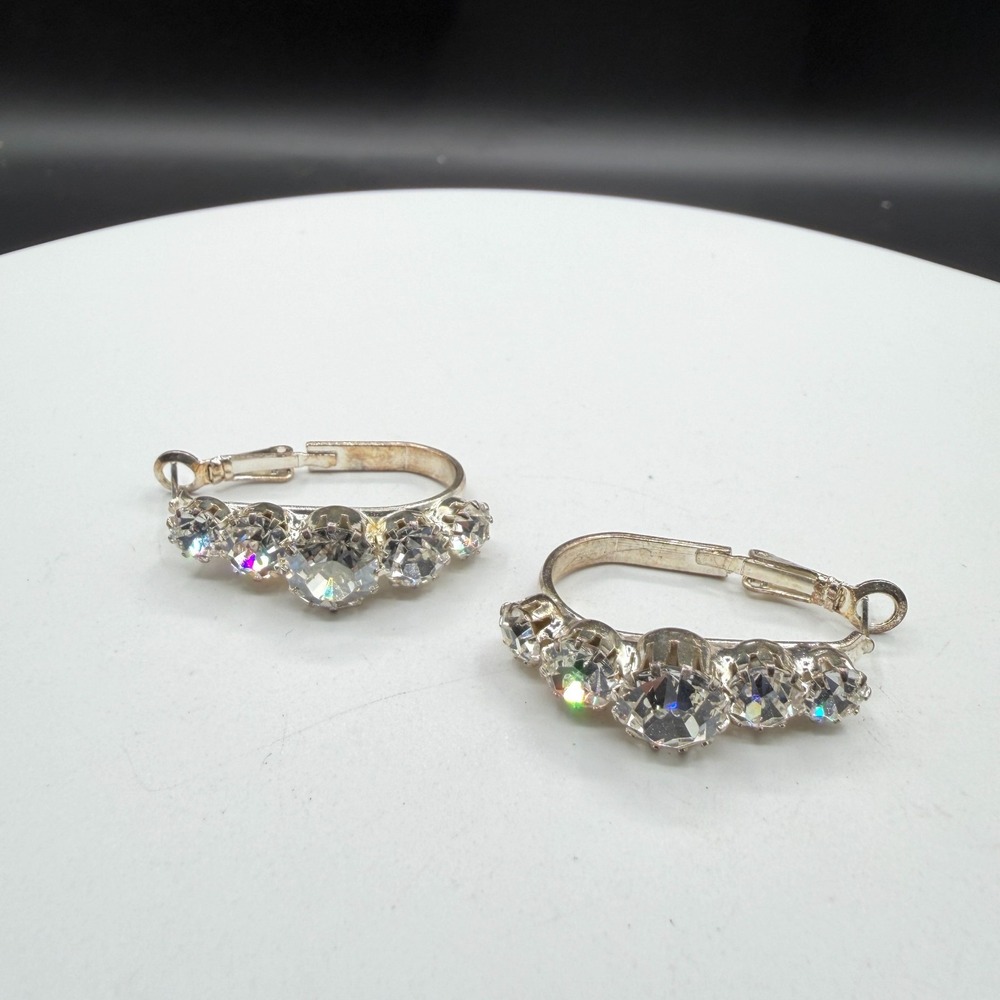 Rhinestone Hoop Earrings Silver Tone Clear Crystal Statement Wedding Glam Gift